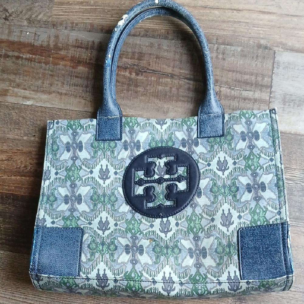 Tory Burch Green and Blue Patterned Tote